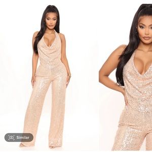 Gold sequin cowl neck halter jumpsuit